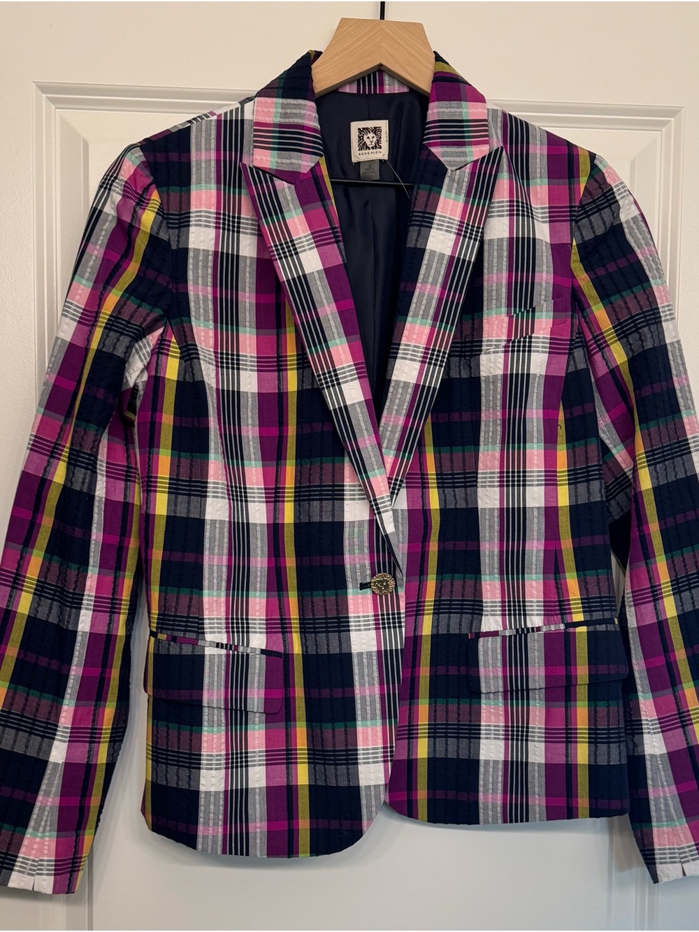 Anne Klein Multicolor Plaid Blazer in Navy, Pink, White and Yellow